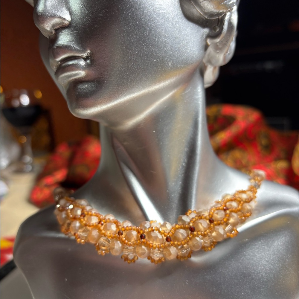 Hessonite Garnet and Cream Czech Crystal Collar Necklace 16.5 inches